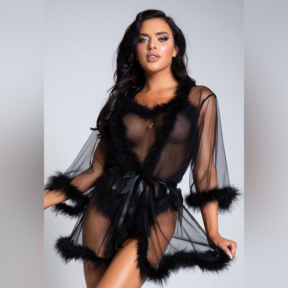 PLAYBOY Black Sheer Robe Marabou